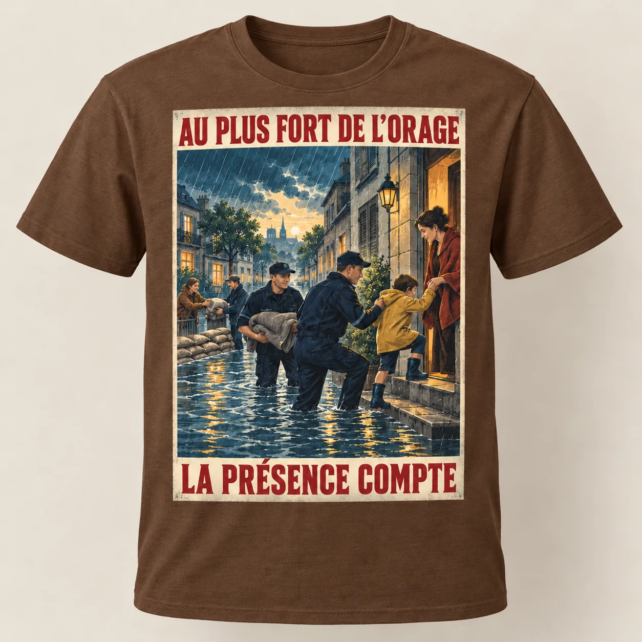 T-shirt marron vu de face, avec une affiche verticale montrant des policiers et des voisins aidant une famille dans une rue inondée; slogans « Au plus fort de l’orage » et « La présence compte ».