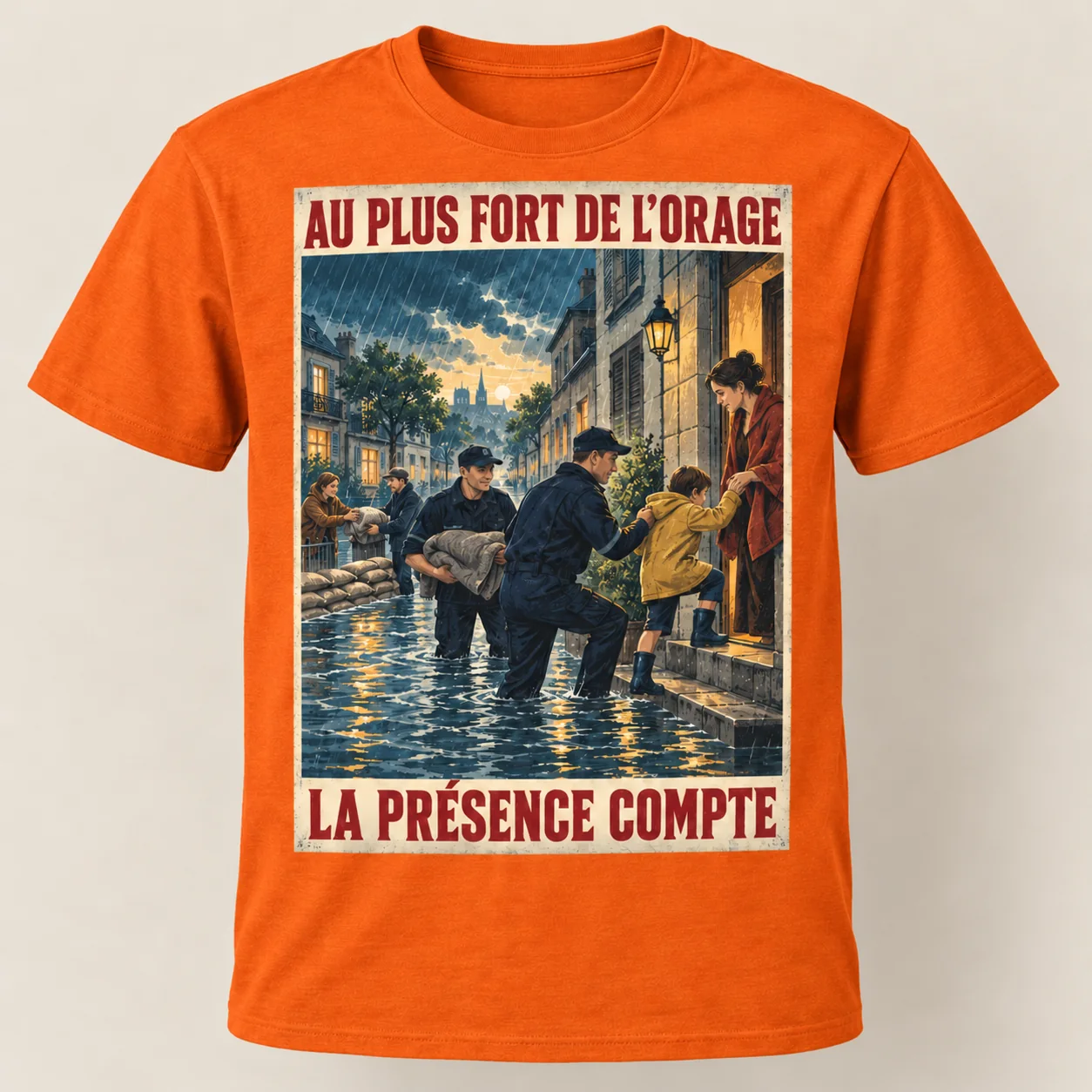 T-shirt orange vu de face, avec une affiche verticale montrant des policiers et des voisins aidant une famille dans une rue inondée; slogans « Au plus fort de l’orage » et « La présence compte ».