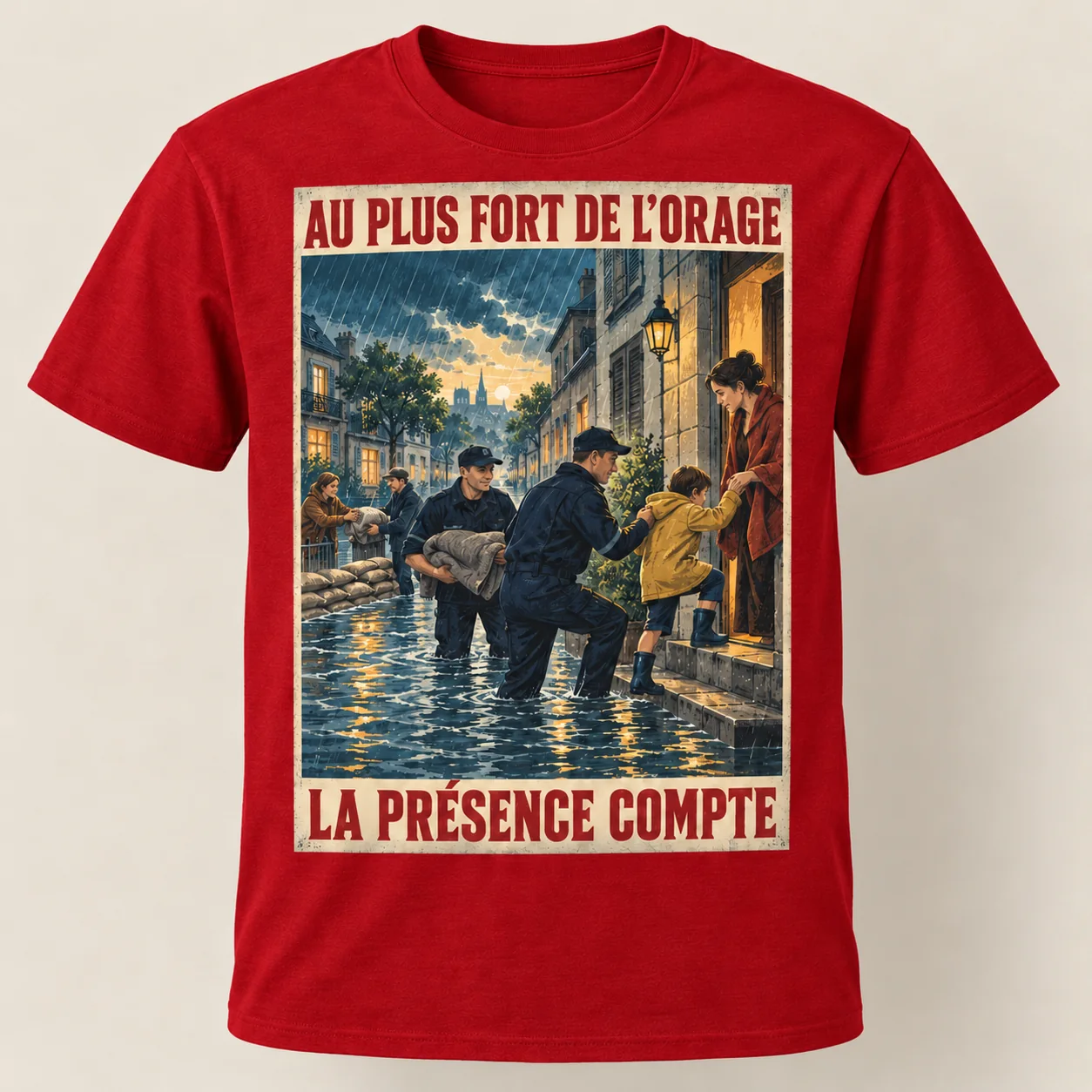 T-shirt rouge vu de face, avec une affiche verticale montrant des policiers et des voisins aidant une famille dans une rue inondée; slogans « Au plus fort de l’orage » et « La présence compte ».