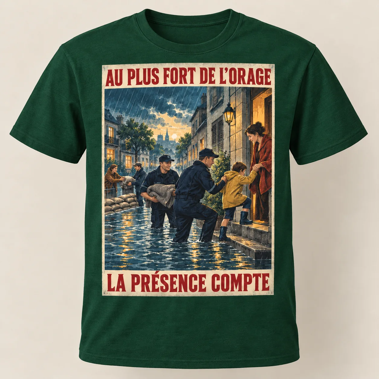 T-shirt vert vu de face, avec une affiche verticale montrant des policiers et des voisins aidant une famille dans une rue inondée; slogans « Au plus fort de l’orage » et « La présence compte ».
