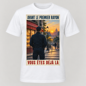 T-shirt blanc vu de face, avec une affiche verticale montrant un policier devant une boulangerie et une rue au lever du soleil; slogans « Avant le premier rayon » et « Vous êtes déjà là ».