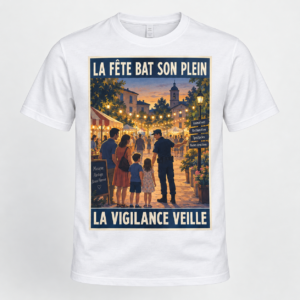 T-shirt blanc avec affiche rectangulaire de fête de quartier et slogan « La fête bat son plein, la vigilance veille »