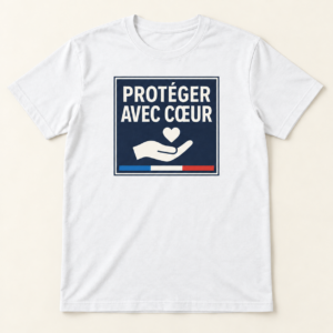 T-shirt blanc avec « PROTÉGER AVEC CŒUR » en bleu marine dans un cadre, accompagné d’une main ouverte, d’un cœur et d’un trait tricolore sur le devant.