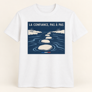 T-shirt blanc avec « LA CONFIANCE, PAS À PAS » en lettres ivoire sur un panneau rectangulaire bleu nuit; un chemin de pierres traverse un ruisseau, souligné d’un trait tricolore sur le devant.