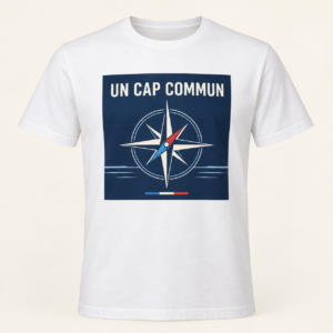 T-shirt blanc avec « UN CAP COMMUN » en lettres ivoire dans un panneau bleu nuit; une rose des vents porte une aiguille tricolore au-dessus de deux lignes d’horizon, sur le devant.