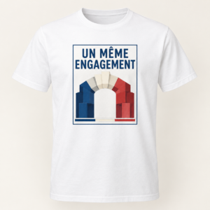 T-shirt blanc avec « UN MÊME ENGAGEMENT » en bleu marine dans un cadre ivoire bordé de bleu nuit; des formes bleu marine, ivoire et rouges s’emboîtent en une arche, sur le devant.