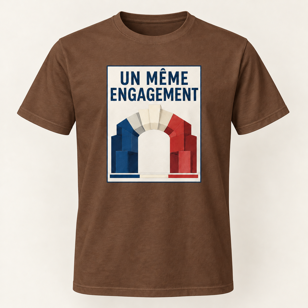 T-shirt marron avec « UN MÊME ENGAGEMENT » en bleu marine dans un cadre ivoire bordé de bleu nuit; des formes bleu marine, ivoire et rouges s’emboîtent en une arche, sur le devant.
