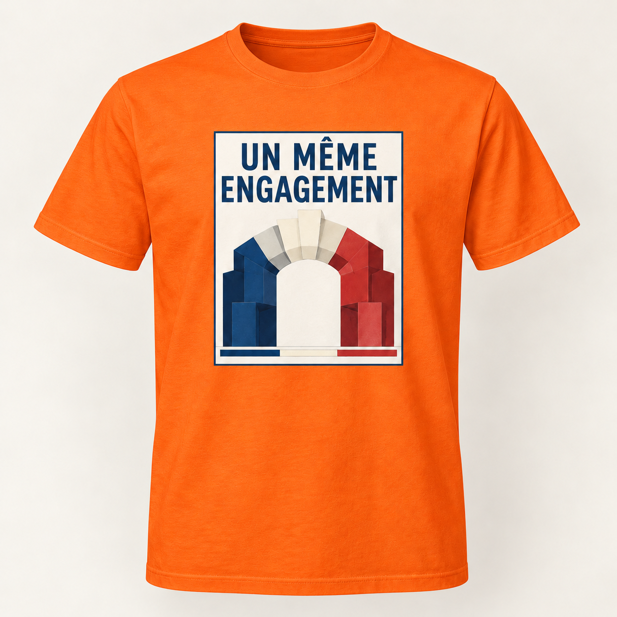 T-shirt orange avec « UN MÊME ENGAGEMENT » en bleu marine dans un cadre ivoire bordé de bleu nuit; des formes bleu marine, ivoire et rouges s’emboîtent en une arche, sur le devant.