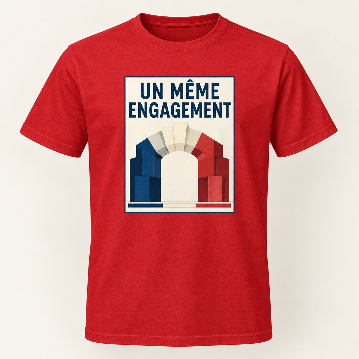 T-shirt rouge avec « UN MÊME ENGAGEMENT » en bleu marine dans un cadre ivoire bordé de bleu nuit; des formes bleu marine, ivoire et rouges s’emboîtent en une arche, sur le devant.